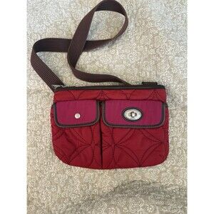 Fossil Key-Per Quilted Fabric & Leather Trim Shoulder Bag Purse Red